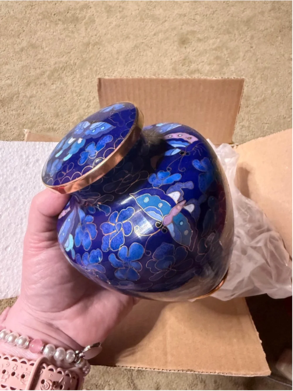 Blue Gold Cloisonne Butterfly Memorial Urn Small - Picture 11 of 16